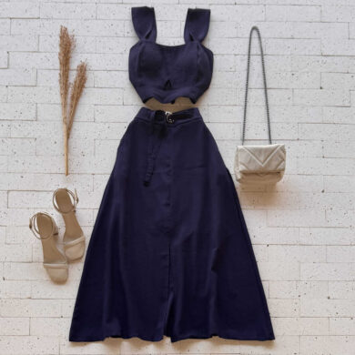 Dondoca_com_br Conjunto Marrant Cropped Alca Larga E Saia Midi Com Fenda Marinho