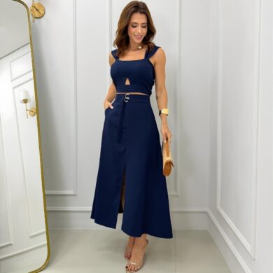Dondoca_com_br Conjunto Marrant Cropped Alca Larga E Saia Midi Com Fenda Marinho