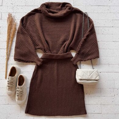 Dondoca_com_br Conjunto Trico Cropped Gola Boba E Saia Cafe