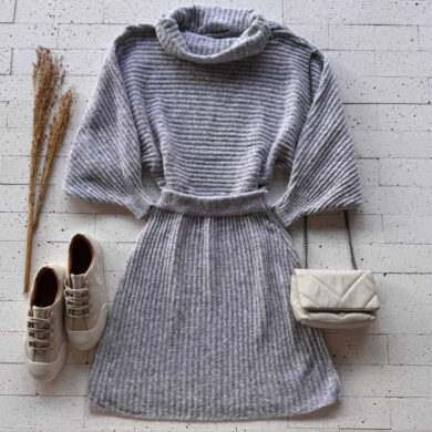 Dondoca_com_br Conjunto Trico Cropped Gola Boba E Saia Cinza