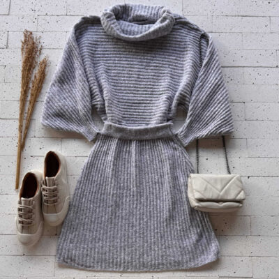 Dondoca_com_br Conjunto Trico Cropped Gola Boba E Saia Cinza