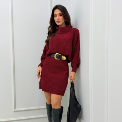 Dondoca_com_br Conjunto Trico Cropped Gola Boba E Saia Marsala
