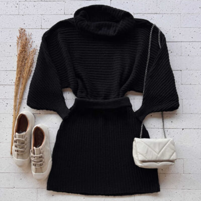 Dondoca_com_br Conjunto Trico Cropped Gola Boba E Saia Preto