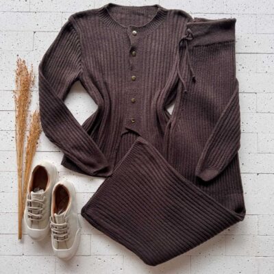 Dondoca_com_br Conjunto Trico Mousse Blusa Detalhe Recorte E Pantalona Cafe