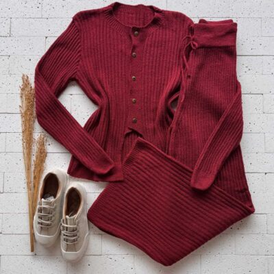 Dondoca_com_br Conjunto Trico Mousse Blusa Detalhe Recorte E Pantalona Marsala
