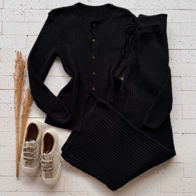Dondoca_com_br Conjunto Trico Mousse Blusa Detalhe Recorte E Pantalona Preto