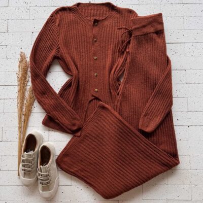 Dondoca_com_br Conjunto Trico Mousse Blusa Detalhe Recorte E Pantalona Telha