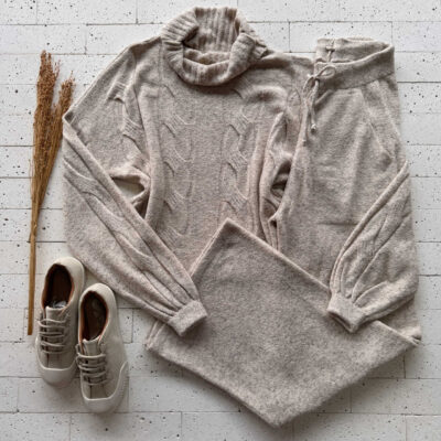 Dondoca_com_br Conjunto Trico Mousse Cropped Alongado E Pantalona Bege