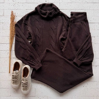 Dondoca_com_br Conjunto Trico Mousse Cropped Alongado E Pantalona Cafe