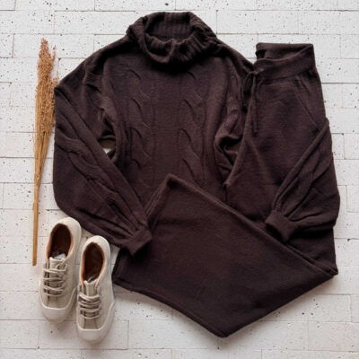 Dondoca_com_br Conjunto Trico Mousse Cropped Alongado E Pantalona Cafe