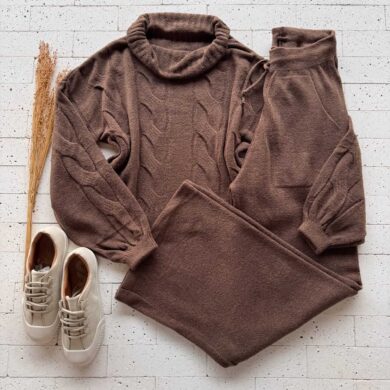 Dondoca_com_br Conjunto Trico Mousse Cropped Alongado E Pantalona Marrom