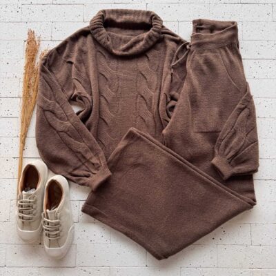 Dondoca_com_br Conjunto Trico Mousse Cropped Alongado E Pantalona Marrom