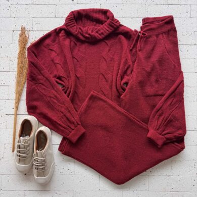 Dondoca_com_br Conjunto Trico Mousse Cropped Alongado E Pantalona Marsala