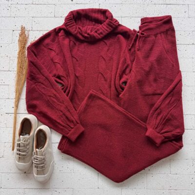 Dondoca_com_br Conjunto Trico Mousse Cropped Alongado E Pantalona Marsala