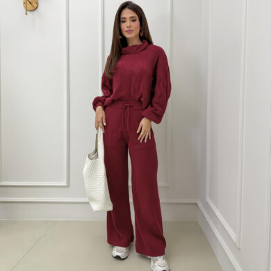 Dondoca_com_br Conjunto Trico Mousse Cropped Alongado E Pantalona Marsala