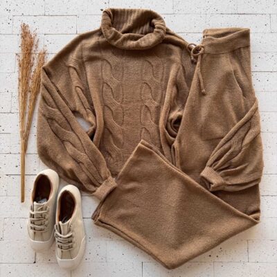 Dondoca_com_br Conjunto Trico Mousse Cropped Alongado E Pantalona Nude