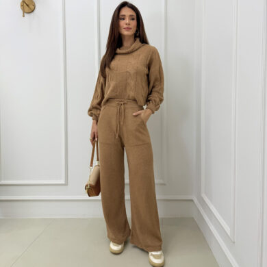 Dondoca_com_br Conjunto Trico Mousse Cropped Alongado E Pantalona Nude