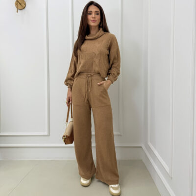 Dondoca_com_br Conjunto Trico Mousse Cropped Alongado E Pantalona Nude