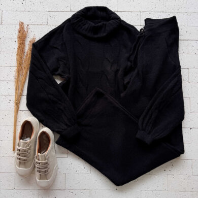 Dondoca_com_br Conjunto Trico Mousse Cropped Alongado E Pantalona Preto