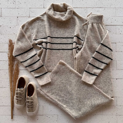 Dondoca_com_br Conjunto Trico Mousse Cropped Listra E Calca Pantalona Bege 2