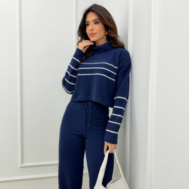 Dondoca_com_br Conjunto Trico Mousse Cropped Listra E Calca Pantalona Marinho