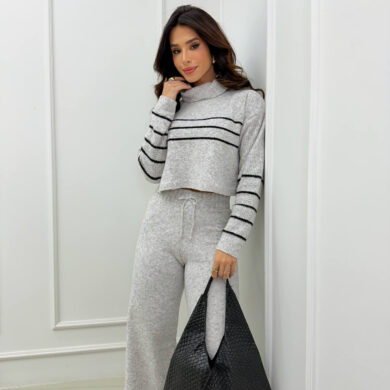 Dondoca_com_br Conjunto Trico Mousse Cropped Listra E Calca Pantalona Off