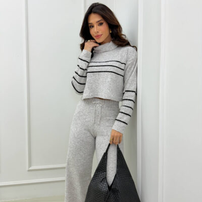 Dondoca_com_br Conjunto Trico Mousse Cropped Listra E Calca Pantalona Off