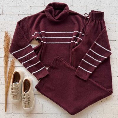 Dondoca_com_br Conjunto Trico Mousse Cropped Listra E Calca Pantalona Vinho