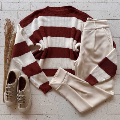 Dondoca_com_br Cropped Trico Alongado Manga Longa Listrado Telha