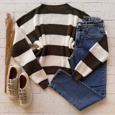 Dondoca_com_br Cropped Trico Alongado Manga Longa Listrado Verde Oliva