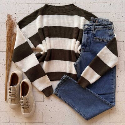 Dondoca_com_br Cropped Trico Alongado Manga Longa Listrado Verde Oliva