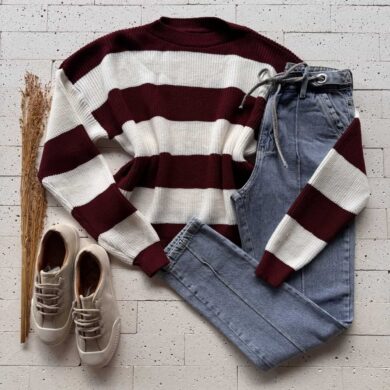 Dondoca_com_br Cropped Trico Alongado Manga Longa Listrado Vinho