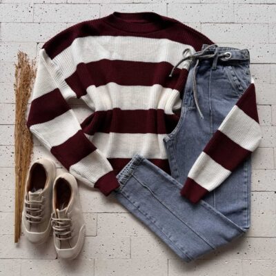 Dondoca_com_br Cropped Trico Alongado Manga Longa Listrado Vinho