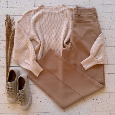 Dondoca_com_br Cropped Trico Alongado Manga Oversized Creme