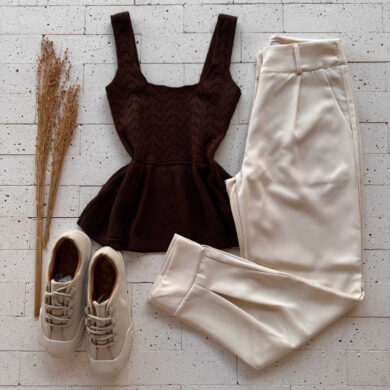 Dondoca_com_br Regata Modal Peplum Ponto Detalhado Cafe