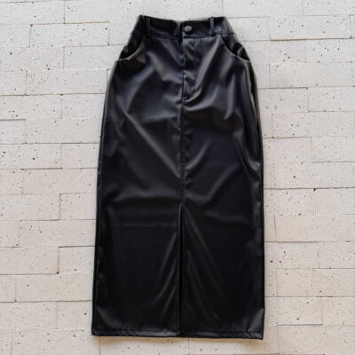 Dondoca_com_br Saia Midi De Couro Sintetico Com Fenda Preta