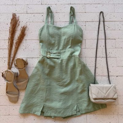 Dondoca_com_br Vestido Curto Com Short Embutido E Botoes Na Cintura Pistache