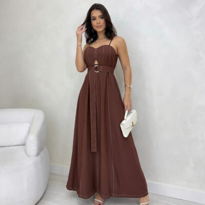 Dondoca_com_br Vestido Longuete Marrant Detalhe Abertura E Cinto Cafe