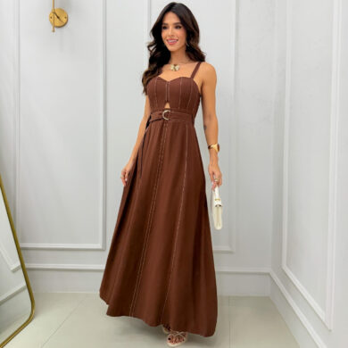 Dondoca_com_br Vestido Longuete Marrant Detalhe Abertura E Cinto Cafe