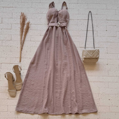 Dondoca_com_br Vestido Longuete Marrant Detalhe Abertura E Cinto Nude