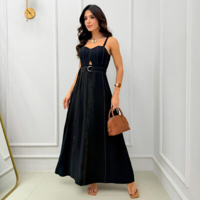 Dondoca_com_br Vestido Longuete Marrant Detalhe Abertura E Cinto Preto