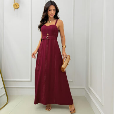 Dondoca_com_br Vestido Longuete Marrant Detalhe Abertura E Cinto Vinho
