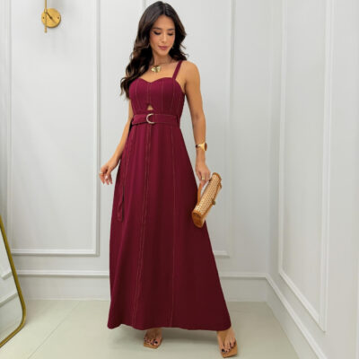 Dondoca_com_br Vestido Longuete Marrant Detalhe Abertura E Cinto Vinho