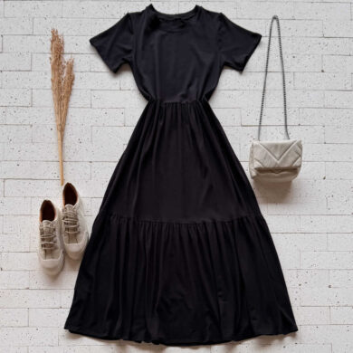 Dondoca_com_br Vestido Midi Moletinho Com Manguinha E Camadas Preto