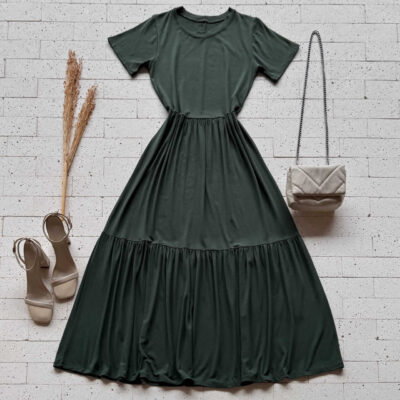 Dondoca_com_br Vestido Midi Moletinho Com Manguinha E Camadas Verde Oliva