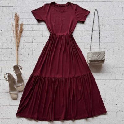 Dondoca_com_br Vestido Midi Moletinho Com Manguinha E Camadas Vinho