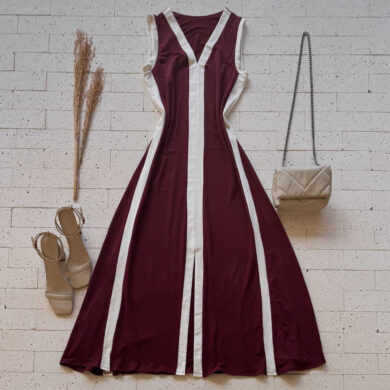 Dondoca_com_br Vestido Regata Midi Moletinho Bicolor Com Fenda Vinho