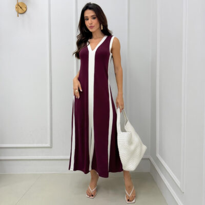 Dondoca_com_br Vestido Regata Midi Moletinho Bicolor Com Fenda Vinho