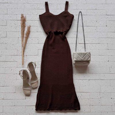 Dondoca_com_br Vestido Trico Midi Busto Furinhos E Fenda Cafe