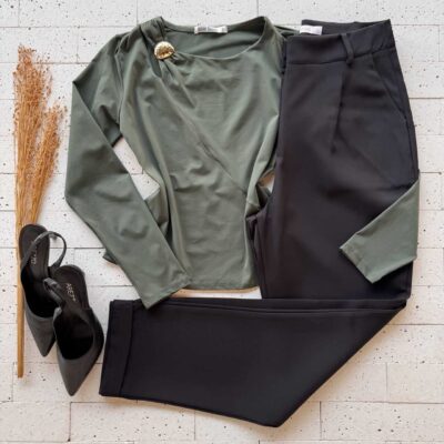 Dondoca_com_br Blusa Manga Longa Com Abertura E Fivela No Ombro Verde Oliva